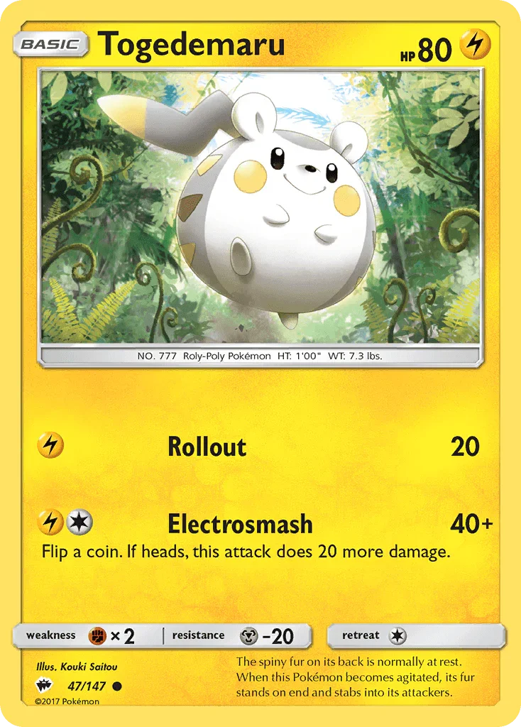 47, Common, Fighting[×2], Lightning, Metal[-20], Normal, Reverse Holofoil, Sun & Moon: Burning Shadows Togedemaru (47/147) [Sun & Moon: Burning Shadows] - Trading Card World