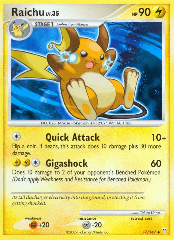 77, Fighting[+20], Lightning, Metal[-20], Normal, Platinum: Supreme Victors, Reverse Holofoil, Uncommon Raichu (77/147) [Platinum: Supreme Victors] - Trading Card World