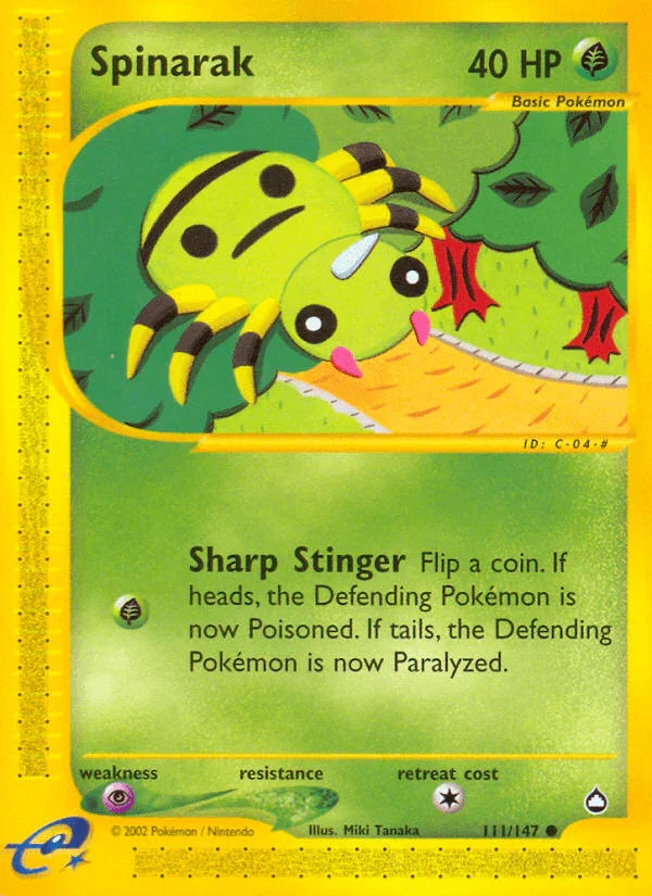 111, Aquapolis, Common, Grass, Normal, Psychic[×2], Reverse Holofoil Spinarak (111/147) [Aquapolis] - Trading Card World