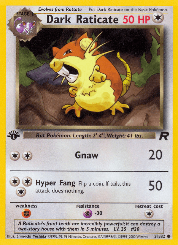 1st Edition Normal, 51, Colorless, Common, Fighting[×2], Psychic[-30], Team Rocket 1st Edition Dark Raticate (51/82) [Team Rocket 1st Edition] - Trading Card World