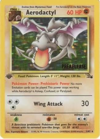 1st Edition Holofoil, Fighting, Fighting[-30], Fossil 1st Edition, Grass[×2], Promo Aerodactyl (1/62) (Prerelease Promo) [Fossil 1st Edition] - Trading Card World