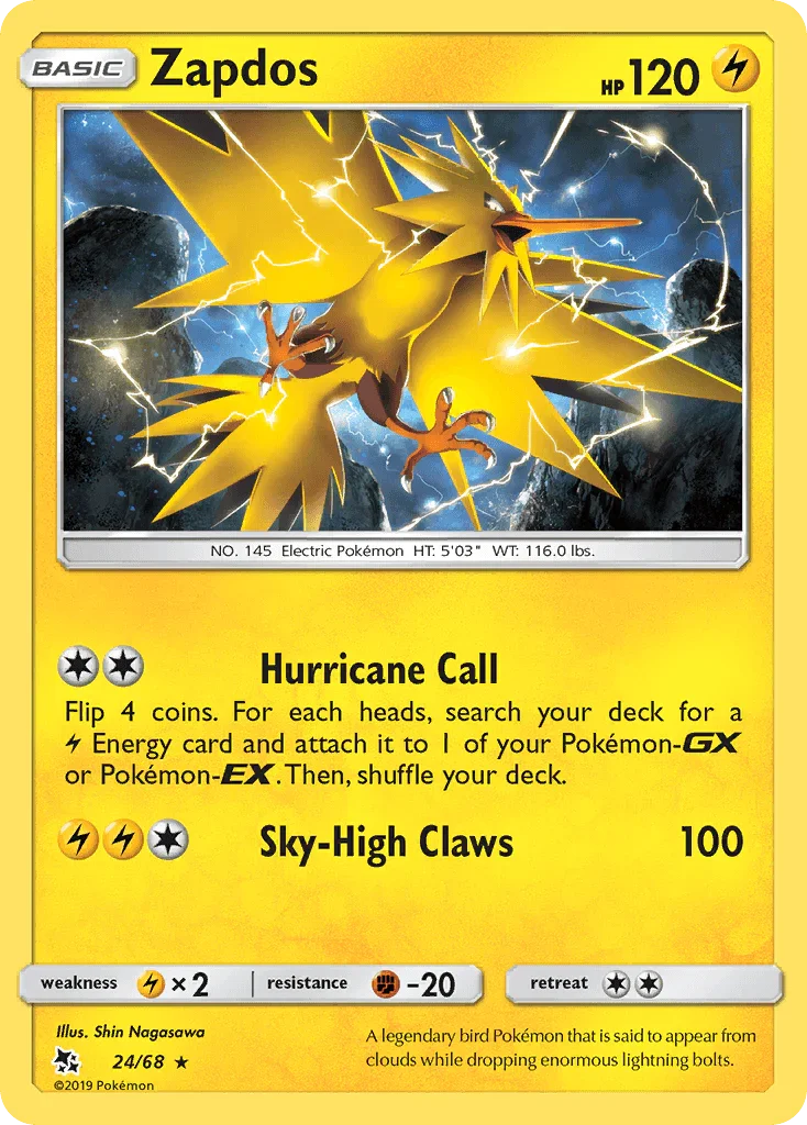 24, Fighting[-20], Holo Rare, Holofoil, Lightning, Lightning[×2], Reverse Holofoil, Sun & Moon: Hidden Fates Zapdos (24/68) [Sun & Moon: Hidden Fates] - Trading Card World