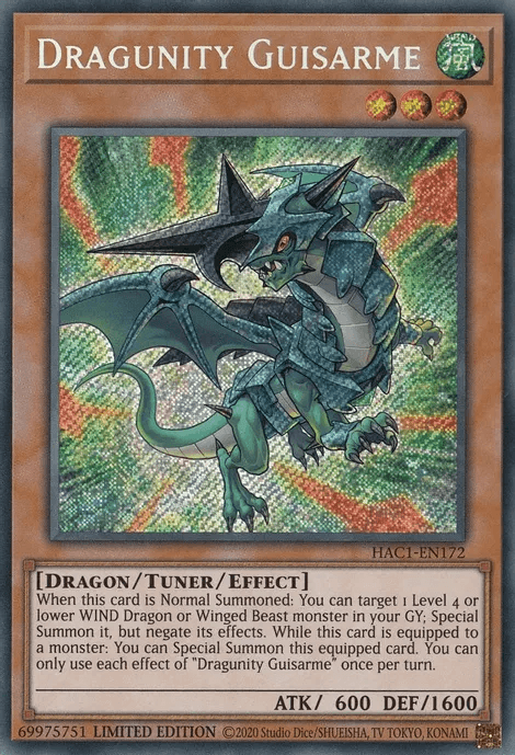 Dragon, Hidden Arsenal: Chapter 1, Limited, Secret Rare, Tuner/Effect monster, Wind Dragunity Guisarme [HAC1-EN172] Secret Rare - Trading Card World