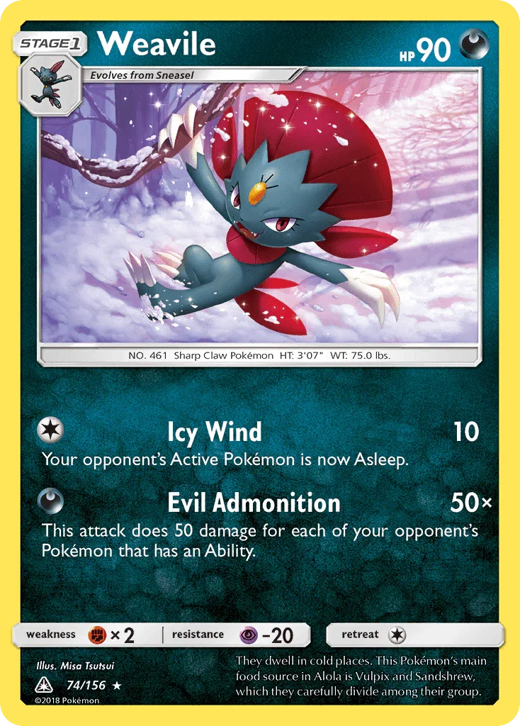 74, Darkness, Fighting[×2], Holo Rare, Holofoil, Psychic[-20], Reverse Holofoil, Sun & Moon: Ultra Prism Weavile (74/156) [Sun & Moon: Ultra Prism] - Trading Card World