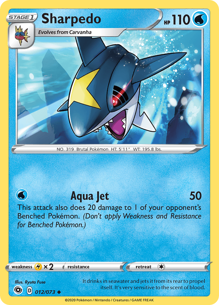 012, Lightning[×2], Normal, Reverse Holofoil, Sword & Shield: Champion's Path, Uncommon, Water Sharpedo (012/073) [Sword & Shield: Champion's Path] - Trading Card World