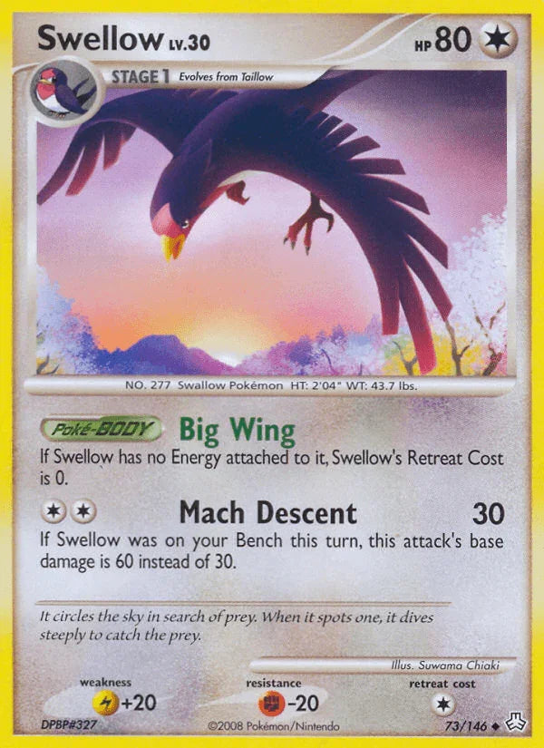 73, Colorless, Diamond & Pearl: Legends Awakened, Fighting[-20], Lightning[+20], Normal, Reverse Holofoil, Uncommon Swellow (73/146) [Diamond & Pearl: Legends Awakened] - Trading Card World