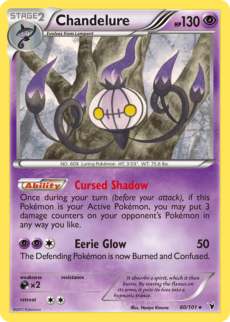 60, Black & White: Noble Victories, Darkness[×2], Normal, Psychic, Rare, Reverse Holofoil Chandelure (60/101) [Black & White: Noble Victories] - Trading Card World
