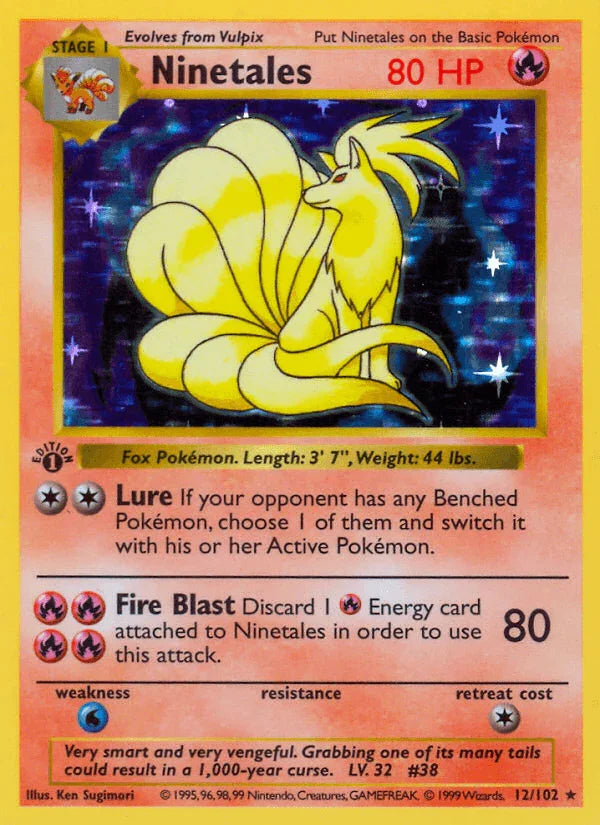 12, 1st Edition Holofoil, Base Set 1st Edition, Fire, Holo Rare, Water[×2] Ninetales (12/102) (Shadowless) [Base Set 1st Edition] - Trading Card World