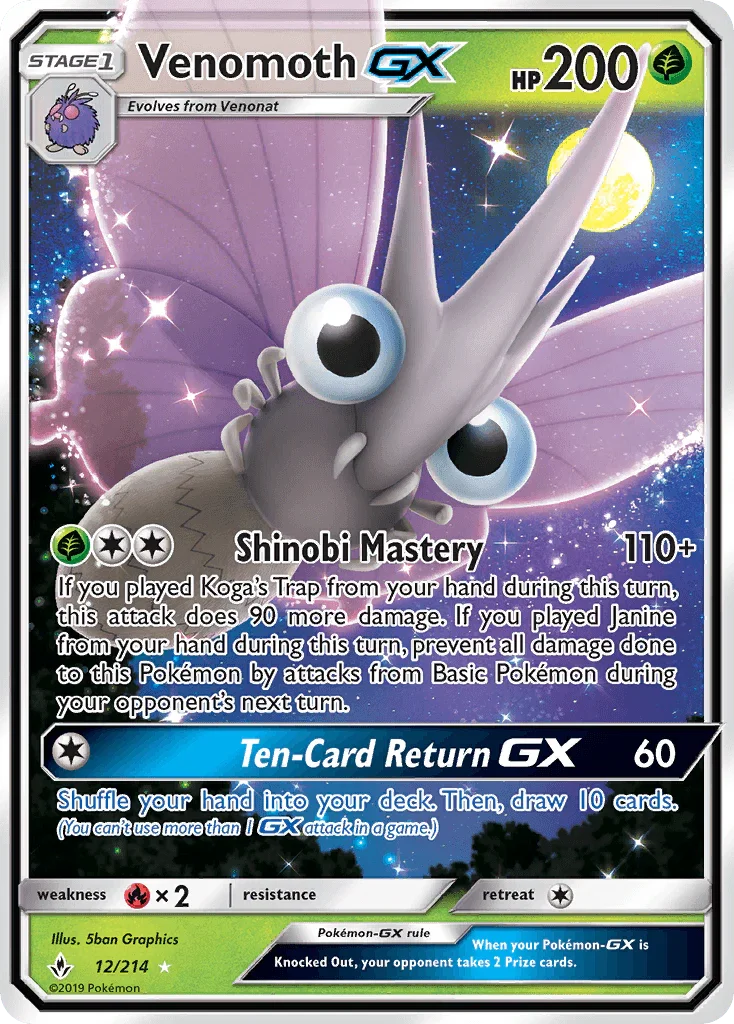 12, Fire[×2], Grass, Holofoil, Sun & Moon: Unbroken Bonds, Ultra Rare Venomoth GX (12/214) [Sun & Moon: Unbroken Bonds] - Trading Card World