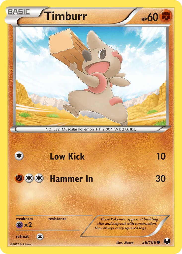 58, Black & White: Dark Explorers, Common, Fighting, Normal, Psychic[×2], Reverse Holofoil Timburr (58/108) [Black & White: Dark Explorers] - Trading Card World