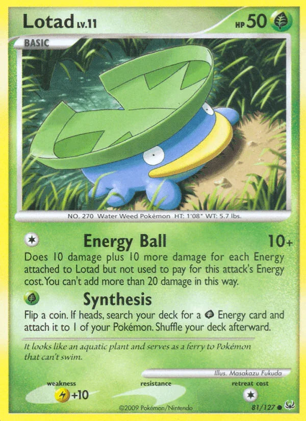 81, Common, Grass, Lightning[+10], Normal, Platinum: Base Set, Reverse Holofoil Lotad (81/127) [Platinum: Base Set] - Trading Card World