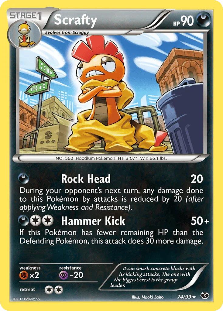 74, Black & White: Next Destinies, Darkness, Fighting[×2], Holo Rare, Holofoil, Psychic[-20], Reverse Holofoil Scrafty (74/99) [Black & White: Next Destinies] - Trading Card World