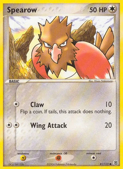 81, Colorless, Common, EX: FireRed & LeafGreen, Fighting[-30], Lightning[×2], Normal, Reverse Holofoil Spearow (81/112) [EX: FireRed & LeafGreen] - Trading Card World