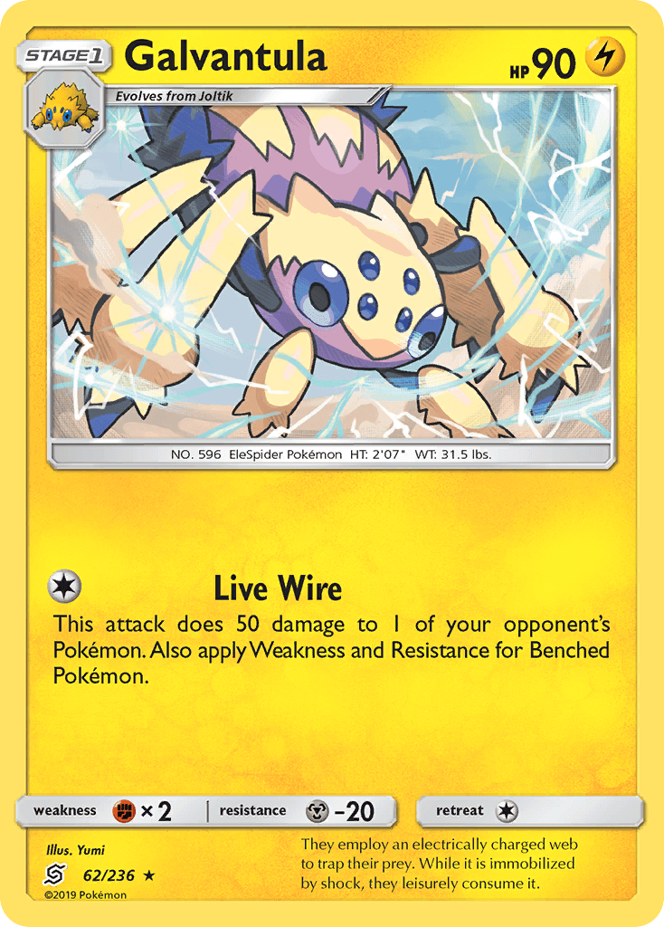 62, Fighting[×2], Lightning, Metal[-20], Normal, Rare, Reverse Holofoil, Sun & Moon: Unified Minds Galvantula (62/236) [Sun & Moon: Unified Minds] - Trading Card World