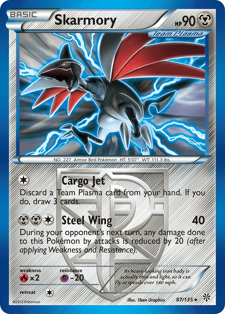 87, Black & White: Plasma Storm, Fire[×2], Metal, Normal, Psychic[-20], Rare, Reverse Holofoil Skarmory (87/135) [Black & White: Plasma Storm] - Trading Card World