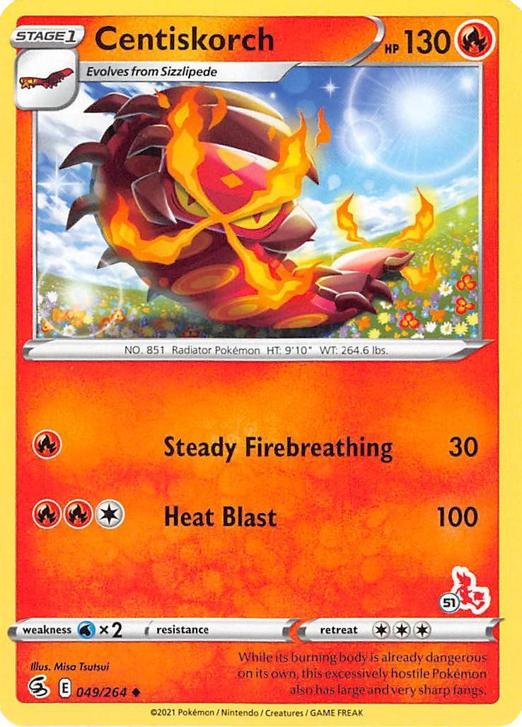 49, Battle Academy 2022, Fire, Normal, Uncommon, Water [x2] Centiskorch (49/264) (Cinderace Stamp #51) [Battle Academy 2022] - Trading Card World