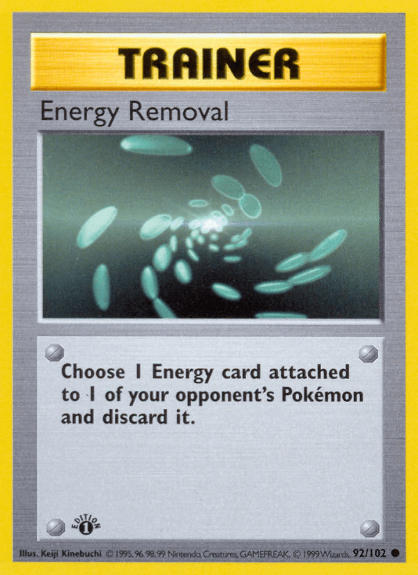 1st Edition Normal, 92, Base Set 1st Edition, Common, Trainer Energy Removal (92/102) (Shadowless) [Base Set 1st Edition] - Trading Card World