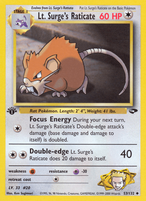 1st Edition Normal, 53, Colorless, Fighting[×2], Gym Challenge 1st Edition, Psychic[-30], Uncommon Lt. Surge's Raticate (53/132) [Gym Challenge 1st Edition] - Trading Card World
