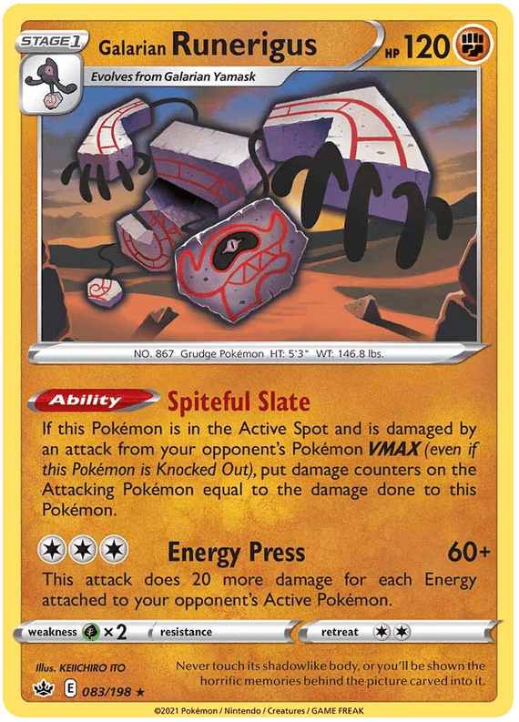 083, Fighting, Grass [x2], Holo Rare, Holofoil, Reverse Holofoil, Sword & Shield: Chilling Reign Galarian Runerigus (083/198) [Sword & Shield: Chilling Reign] - Trading Card World