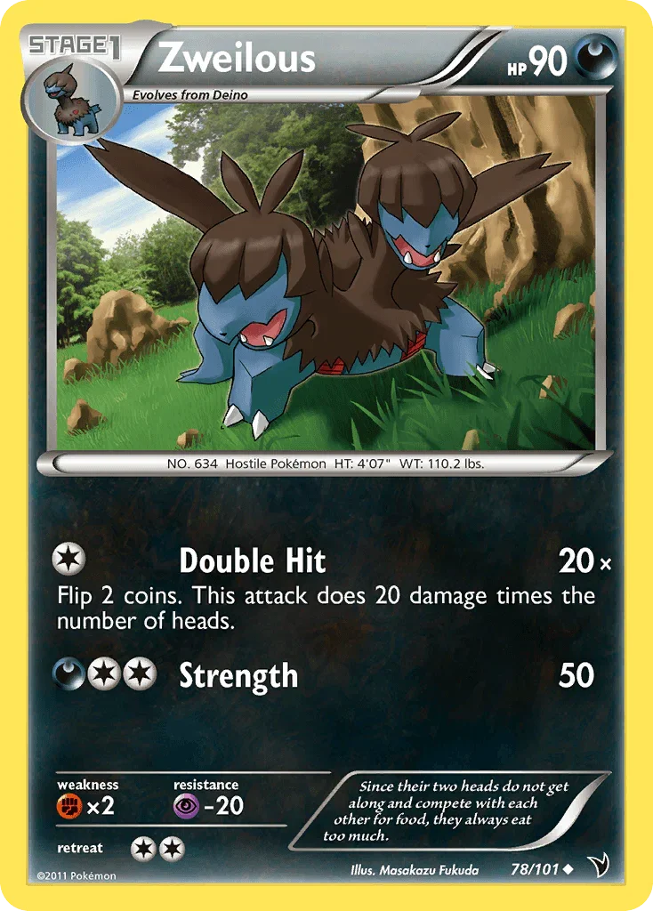 78, Black & White: Noble Victories, Darkness, Fighting[×2], Normal, Psychic[-20], Reverse Holofoil, Uncommon Zweilous (78/101) [Black & White: Noble Victories] - Trading Card World