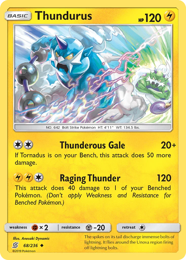 68, Fighting[×2], Lightning, Metal[-20], Normal, Reverse Holofoil, Sun & Moon: Unified Minds, Uncommon Thundurus (68/236) [Sun & Moon: Unified Minds] - Trading Card World
