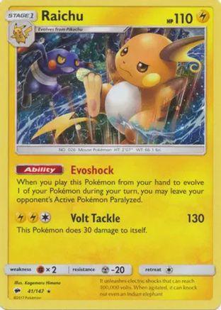 41, Fighting[×2], Holo Rare, Holofoil, Lightning, Metal[-20], Sun & Moon: Burning Shadows Raichu (41/147) (Cosmos Holo) [Sun & Moon: Burning Shadows] - Trading Card World