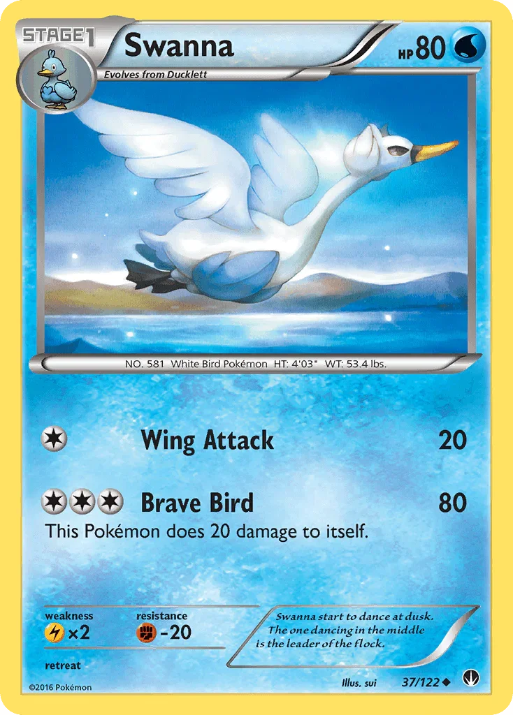 37, Fighting[-20], Lightning[×2], Normal, Reverse Holofoil, Uncommon, Water, XY: BREAKpoint Swanna (37/122) [XY: BREAKpoint] - Trading Card World