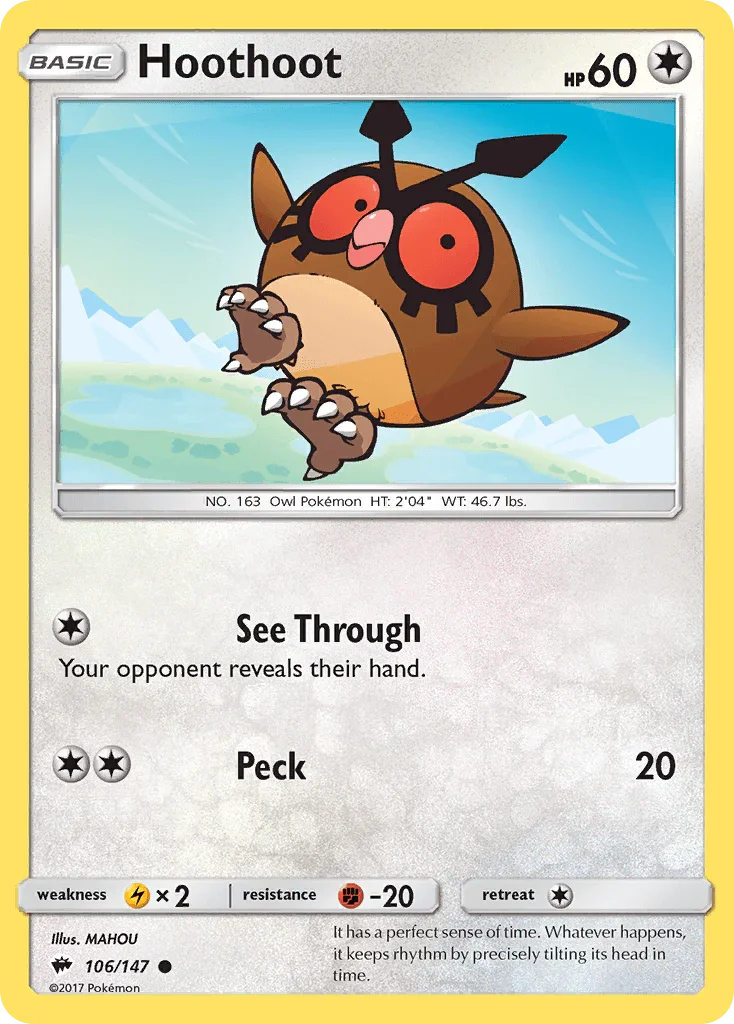 106, Colorless, Common, Fighting[-20], Lightning[×2], Normal, Reverse Holofoil, Sun & Moon: Burning Shadows Hoothoot (106/147) [Sun & Moon: Burning Shadows] - Trading Card World