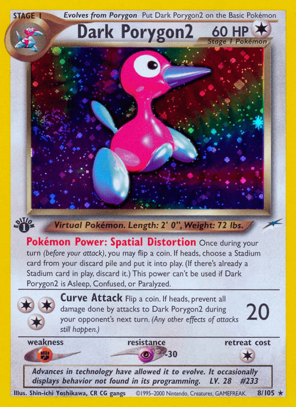 1st Edition Holofoil, Colorless, Fighting[×2], Holo Rare, Neo Destiny 1st Edition, Psychic[-30] Dark Porygon2 (8/105) [Neo Destiny 1st Edition] - Trading Card World