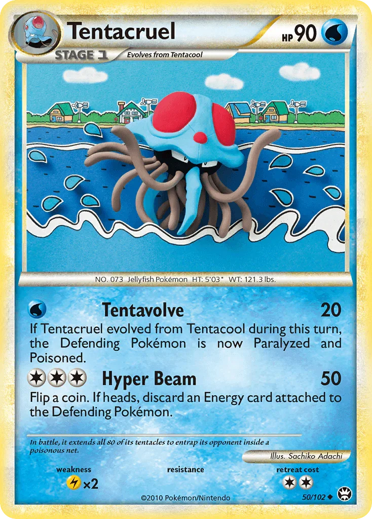 50, HeartGold & SoulSilver: Triumphant, Lightning[×2], Normal, Reverse Holofoil, Uncommon, Water Tentacruel (50/102) [HeartGold & SoulSilver: Triumphant] - Trading Card World