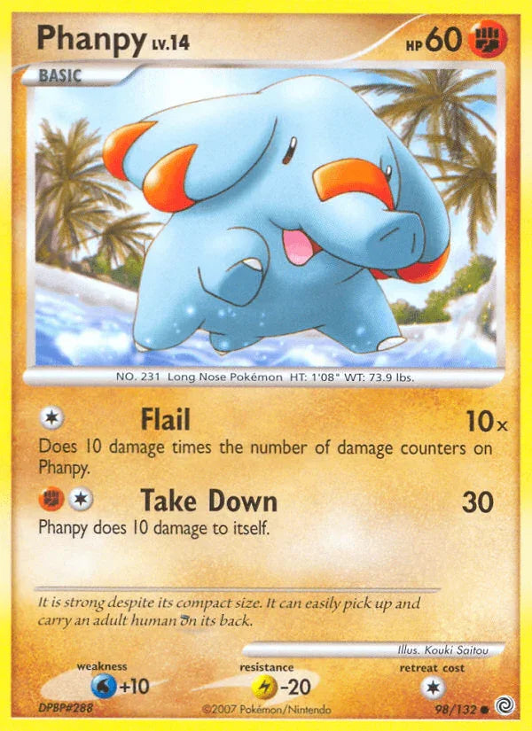 98, Common, Diamond & Pearl: Secret Wonders, Fighting, Lightning[-20], Normal, Reverse Holofoil, Water[+10] Phanpy (98/132) [Diamond & Pearl: Secret Wonders] - Trading Card World
