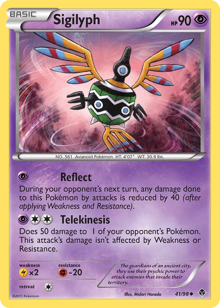 41, Black & White: Emerging Powers, Fighting[-20], Lightning[×2], Normal, Psychic, Reverse Holofoil, Uncommon Sigilyph (41/98) [Black & White: Emerging Powers] - Trading Card World