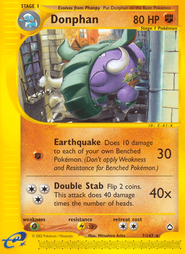 Aquapolis, Fighting, Grass[×2], Lightning[-30], Normal, Rare, Reverse Holofoil Donphan (7/147) [Aquapolis] - Trading Card World
