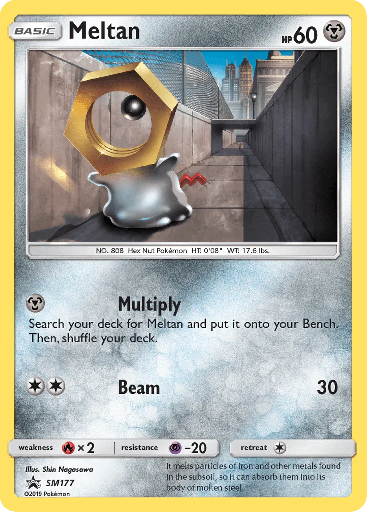 Black Star Promo, Fire[×2], Holofoil, Metal, Psychic[-20], SM177, Sun & Moon: Black Star Promos Meltan (SM177) [Sun & Moon: Black Star Promos] - Trading Card World