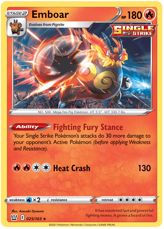 025, Fire, Holo Rare, Holofoil, Reverse Holofoil, Sword & Shield: Battle Styles, Water[×2] Emboar (025/163) [Sword & Shield: Battle Styles] - Trading Card World