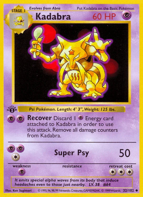 1st Edition Normal, 32, Base Set 1st Edition, Psychic, Psychic[×2], Uncommon Kadabra (32/102) (Shadowless) [Base Set 1st Edition] - Trading Card World