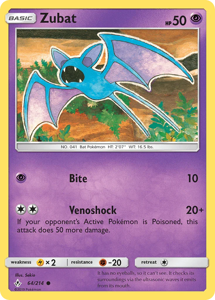 64, Common, Fighting[-20], Lightning[×2], Normal, Psychic, Reverse Holofoil, Sun & Moon: Unbroken Bonds Zubat (64/214) [Sun & Moon: Unbroken Bonds] - Trading Card World