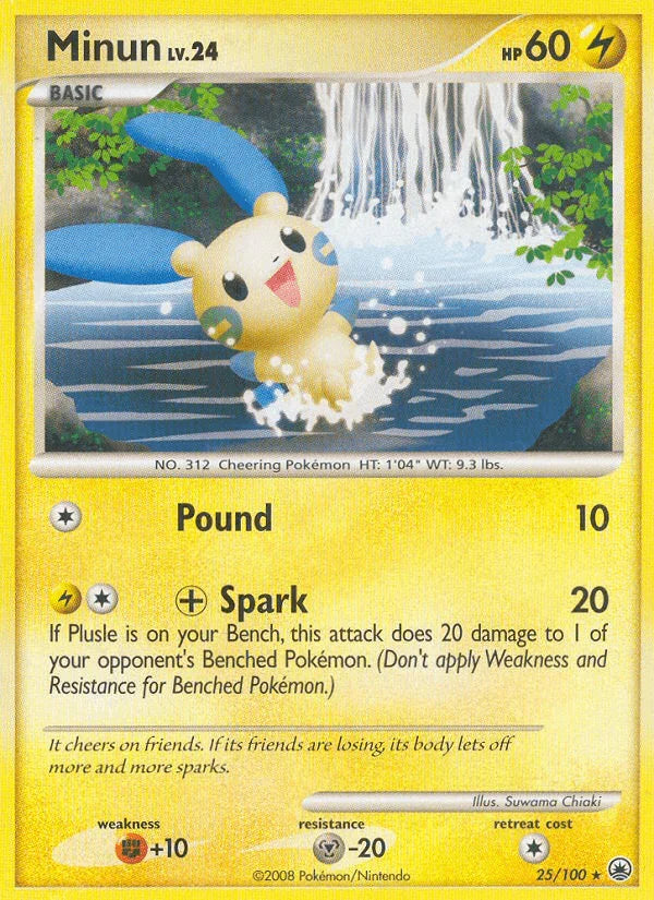 25, Diamond & Pearl: Majestic Dawn, Fighting[+10], Lightning, Metal[-20], Normal, Rare, Reverse Holofoil Minun (25/100) [Diamond & Pearl: Majestic Dawn] - Trading Card World