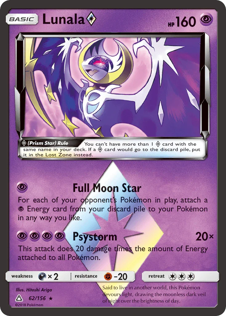 62, Darkness[×2], Fighting[-20], Holo Rare, Holofoil, Psychic, Sun & Moon: Ultra Prism Lunala (62/156) (Prism Star) [Sun & Moon: Ultra Prism] - Trading Card World