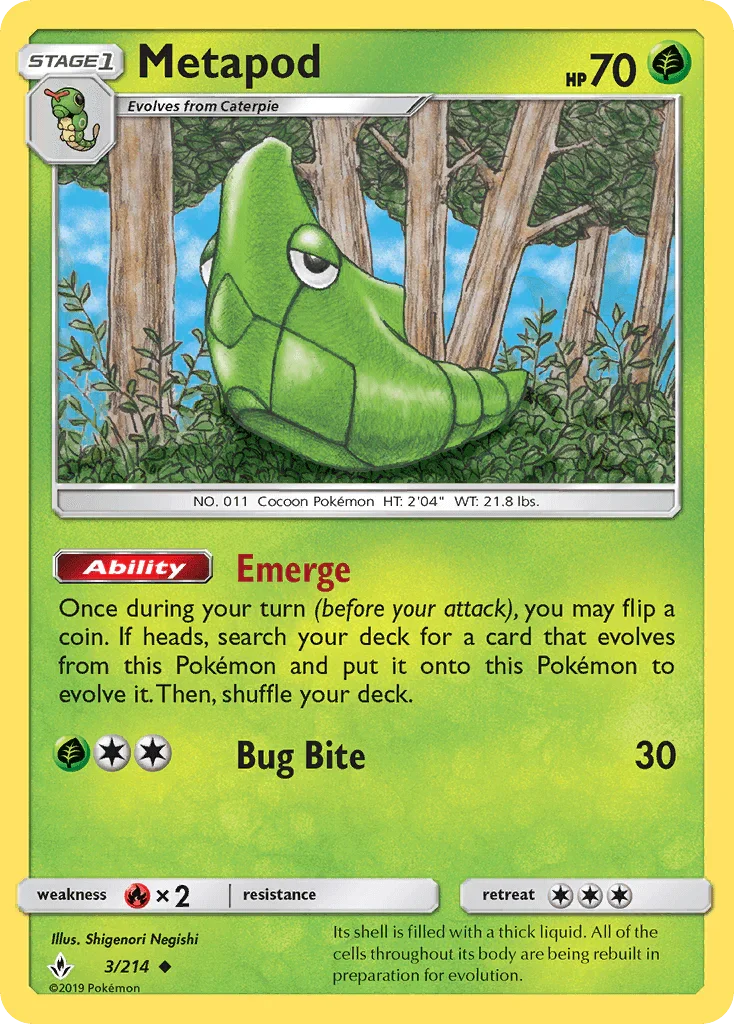 Fire[×2], Grass, Normal, Reverse Holofoil, Sun & Moon: Unbroken Bonds, Uncommon Metapod (3/214) [Sun & Moon: Unbroken Bonds] - Trading Card World