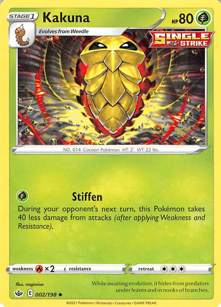 002, Fire [x2], Grass, Normal, Reverse Holofoil, Sword & Shield: Chilling Reign, Uncommon Kakuna (002/198) [Sword & Shield: Chilling Reign] - Trading Card World