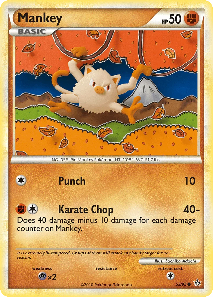 53, Common, Fighting, HeartGold & SoulSilver: Unleashed, Normal, Psychic[×2], Reverse Holofoil Mankey (53/95) [HeartGold & SoulSilver: Unleashed] - Trading Card World