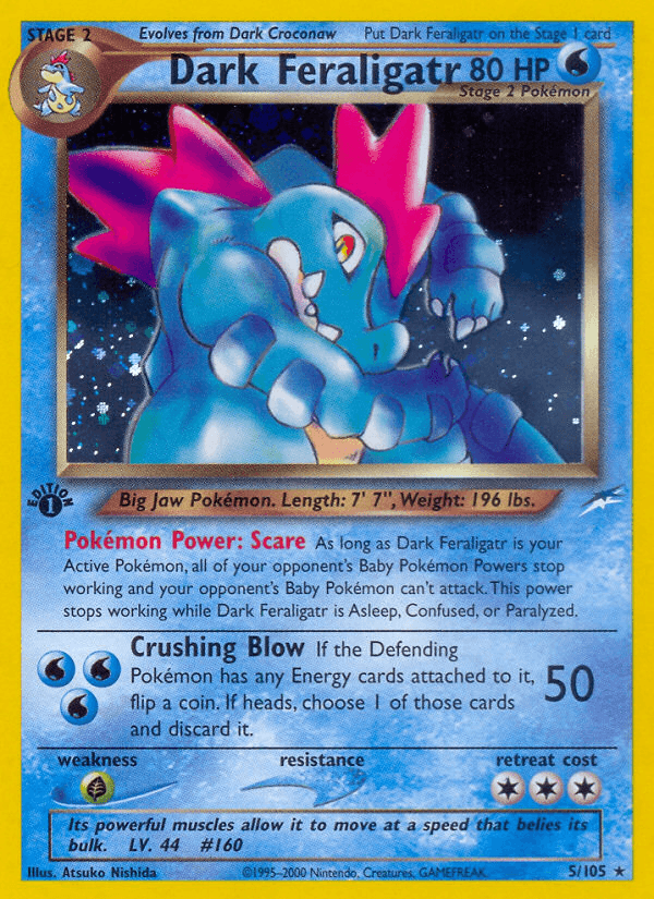 1st Edition Holofoil, Grass[×2], Holo Rare, Neo Destiny 1st Edition, Water Dark Feraligatr (5/105) [Neo Destiny 1st Edition] - Trading Card World