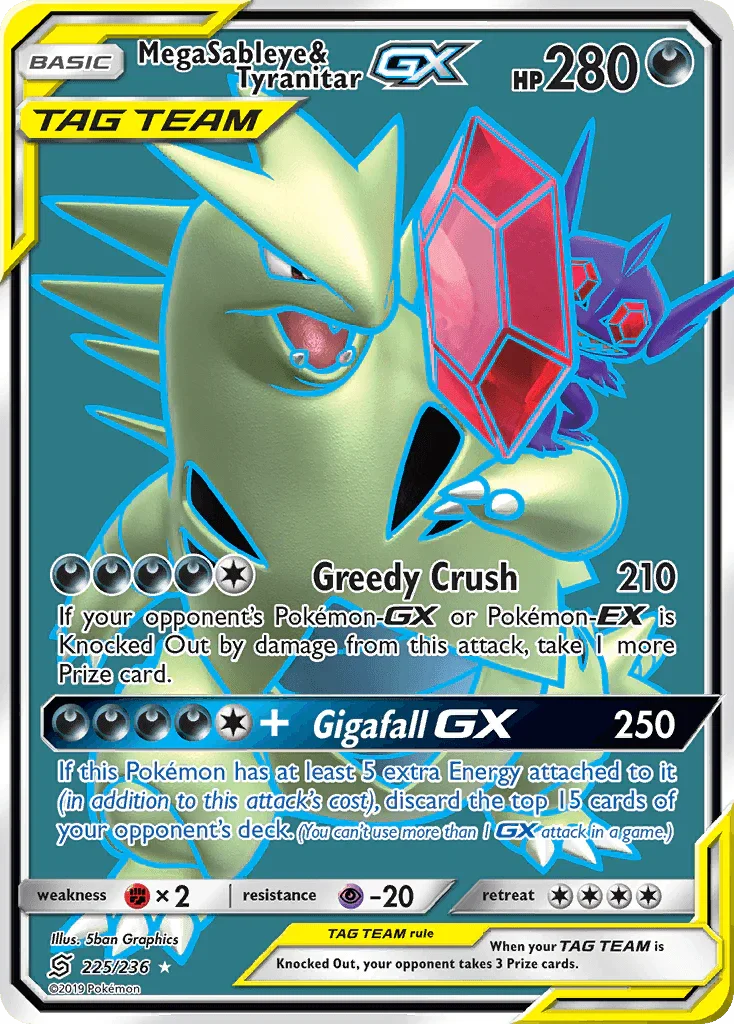 225, Darkness, Fighting[×2], Holofoil, Psychic[-20], Sun & Moon: Unified Minds, Ultra Rare Mega Sableye & Tyranitar GX (225/236) [Sun & Moon: Unified Minds] - Trading Card World