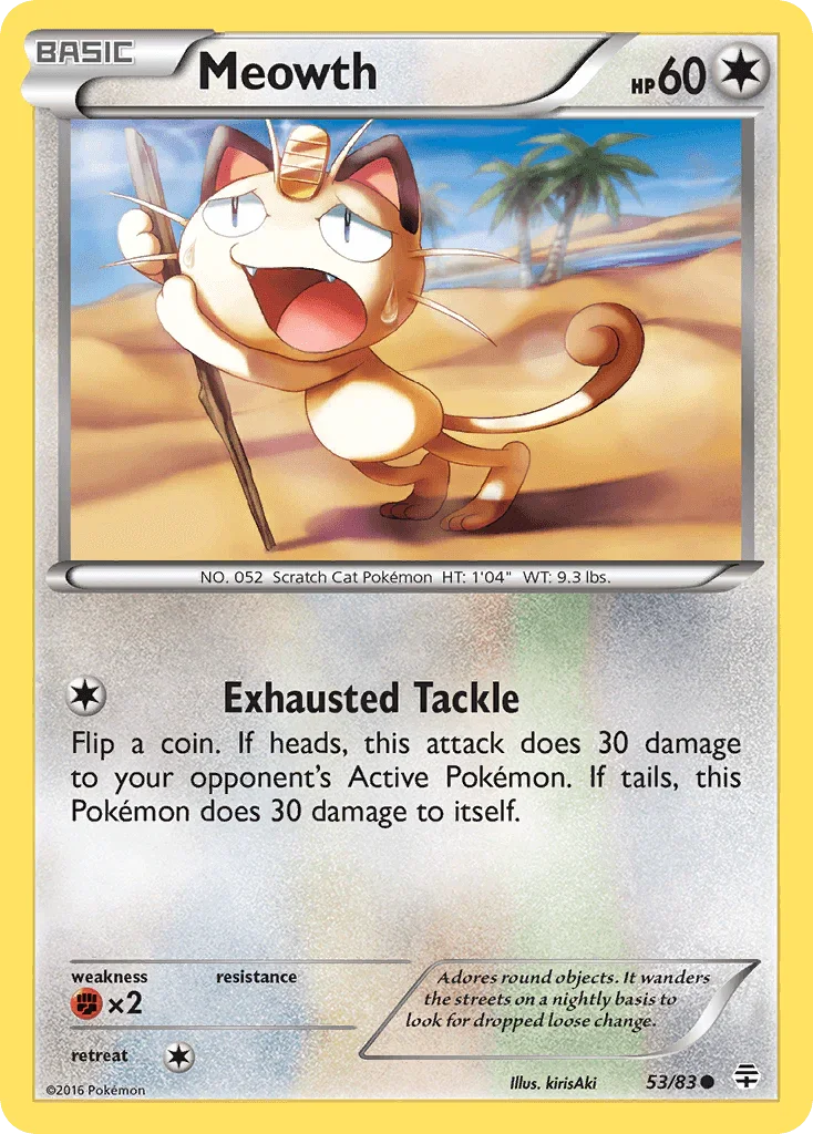 53, Colorless, Common, Fighting[×2], Normal, Reverse Holofoil, XY: Generations Meowth (53/83) [XY: Generations] - Trading Card World