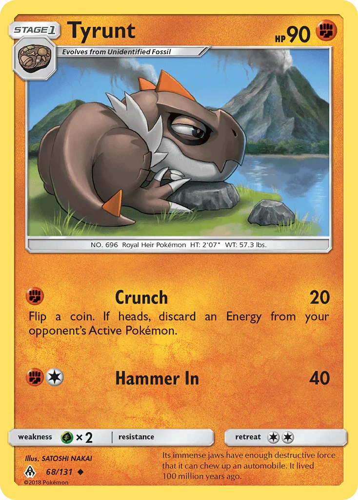 68, Fighting, Grass[×2], Normal, Reverse Holofoil, Sun & Moon: Forbidden Light, Uncommon Tyrunt (68/131) [Sun & Moon: Forbidden Light] - Trading Card World