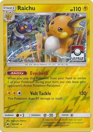 41, Fighting[×2], Lightning, Metal[-20], Promo, Reverse Holofoil, Sun & Moon: Burning Shadows Raichu (41/147) (League Promo 2nd Place) [Sun & Moon: Burning Shadows] - Trading Card World