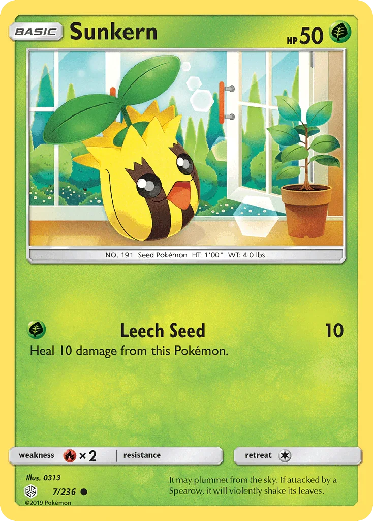Common, Fire[×2], Grass, Normal, Reverse Holofoil, Sun & Moon: Cosmic Eclipse Sunkern (7/236) [Sun & Moon: Cosmic Eclipse] - Trading Card World