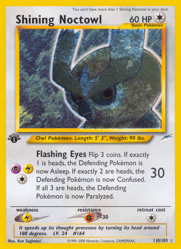 110, 1st Edition Holofoil, Colorless, Fighting[-30], Lightning[×2], Neo Destiny 1st Edition, Secret Rare Shining Noctowl (110/105) [Neo Destiny 1st Edition] - Trading Card World
