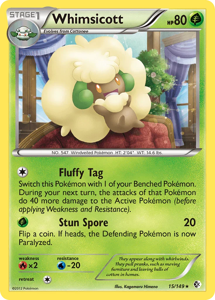 15, Black & White: Boundaries Crossed, Fire[×2], Grass, Normal, Rare, Reverse Holofoil, Water[-20] Whimsicott (15/149) [Black & White: Boundaries Crossed] - Trading Card World